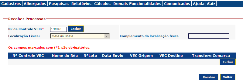 Recebimento de processo por Número de Controle VEC O usuário devera informar a opção Nº de Controle VEC e