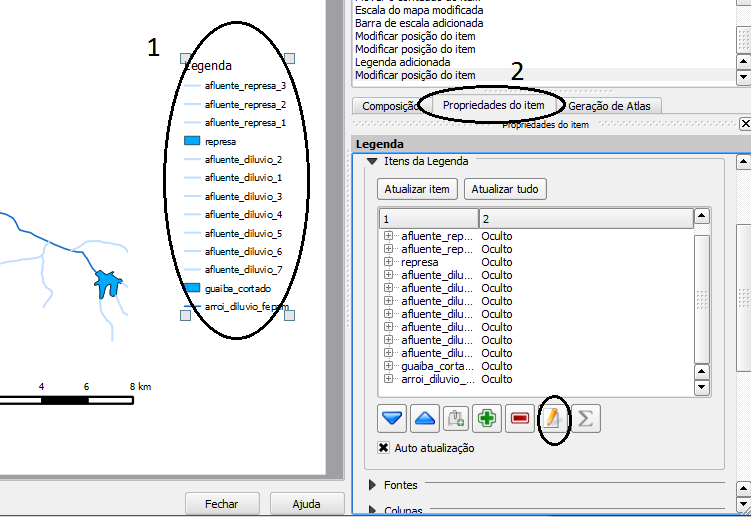 Para adicionar a legenda, também vá até: Modelo/ Adicionar legenda: Clique na imagem, e a legenda irá aparecer listando todas as camadas que estão abertas do QGIS(1),