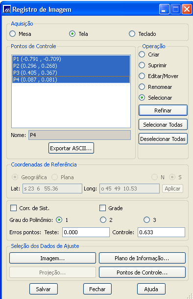 Figura 22 Caixa Registro de Imagem - ponto de controle selecionado, e o valor do erro Neste caso, o erro do ponto de controle foi 0,633. Portanto, é aceitável.