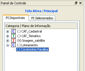 4. Na caixa Plano de Informação, selecionar a Categoria Loteamento clicando sobre ela.