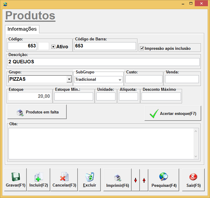 12. CADASTROS DE PRODUTOS O Cadastro de Produtos deverá ser preenchido com todos os produtos vendidos na empresa, os dados principais que devem ser preenchidos são: Status(ativo e desativo), Código