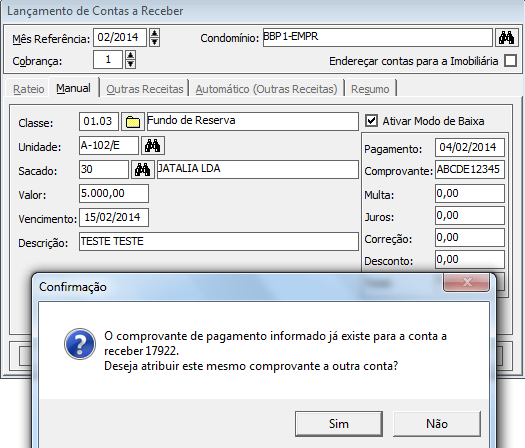 8. Caso cliente utilize lançamento com o modo baixa ativado é possível informar o número do comprovante, conforme