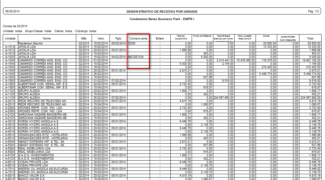 3. Após a coluna Pgto, é exibida a coluna Comprovante com o número do comprovante inserido no momento da baixa.