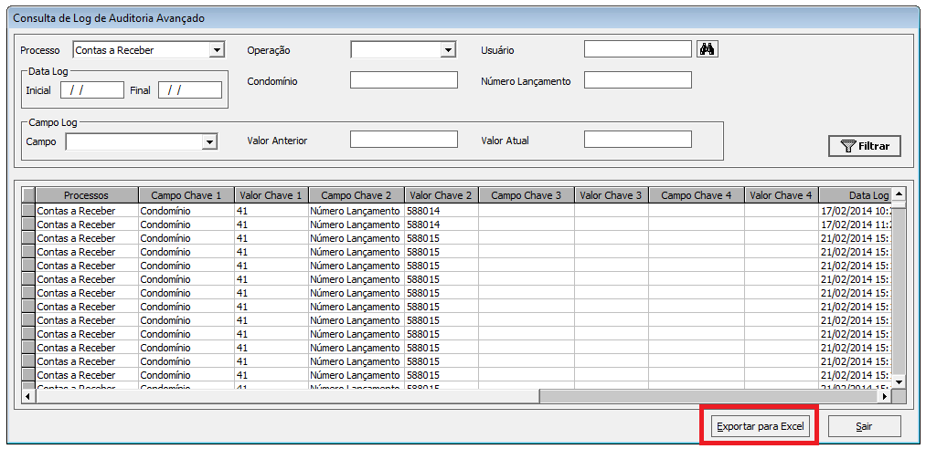 2. O sistema exibirá a tela Consulta de Log de Auditoria Avançado com os filtros vazios.