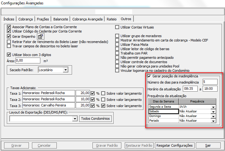 2º Passo: Como configurar status de inadimplência: Significado dos campos: Número de dias para inadimplência: É a partir de quantos dias de inadimplência o sistema deve informar os dados de