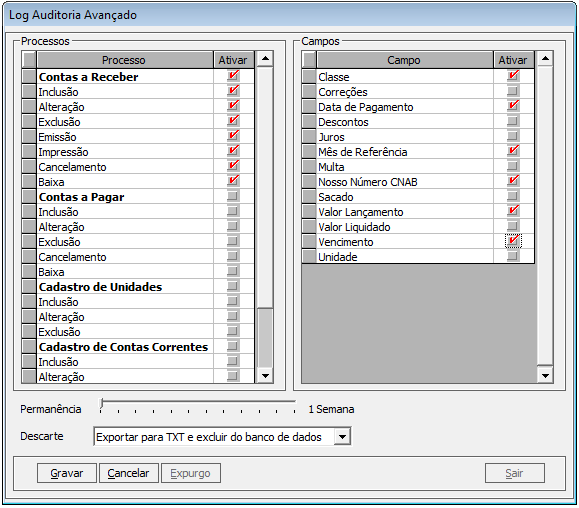 4. Para habilitar o log em todas as operações de um determinado processo, Contas a Receber, por exemplo, basta marca-lo no grid e, automaticamente, todas as operações serão marcadas pelo sistema. 5.