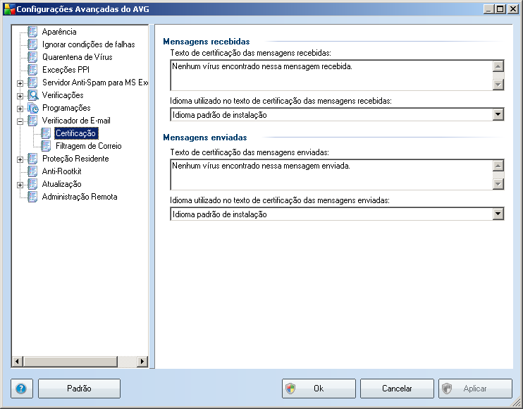 deve ser usado durante a verificação (Usar heurística), se deseja verificar a presença de programas potencialmente indesejados(verificar Programas Potencialmente Indesejados) e se os arquivos devem