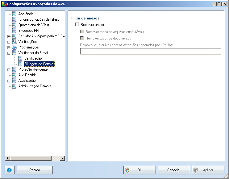 5.2. Filtragem de correio A caixa de diálogo Filtro de anexo permite configurar parâmetros para a verificação de anexos de mensagens de e-mail. Por padrão, a opçãoremover anexos é desativada.