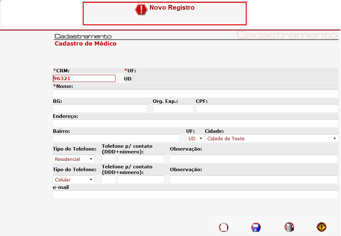 22 Cadastramento Tela de cadastro de médico: Explicação dos campos: CRM: CRM do médico a ser cadastrado ou consultado; UF: UF do registro do CRM; Nome: Nome