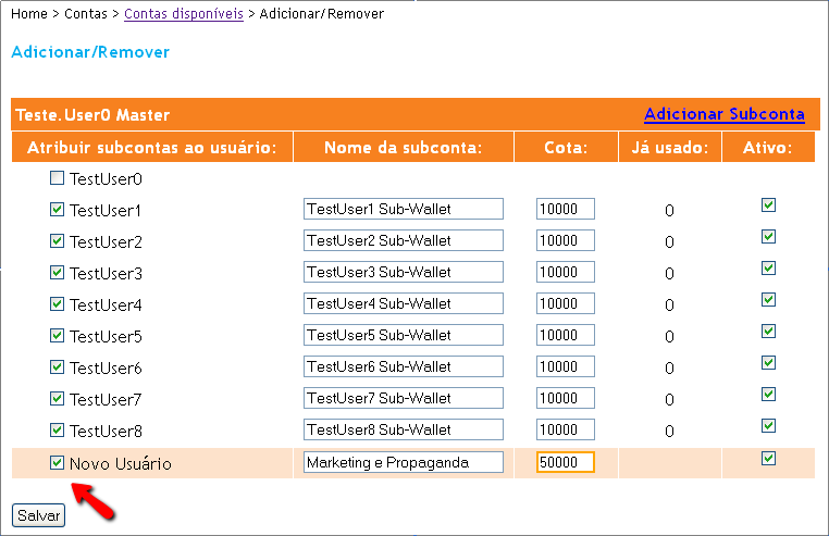 Adicionar e Remover Subcontas Para adicionar subcontas o usuário deverá clicar em Adicionar/Remover". Na seqüência, clicar em Adicionar Subconta. Figura 1.2 Figura 1.