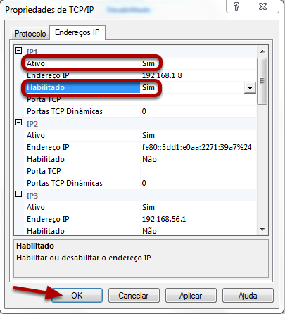 Configurar o TCP/IP Dê duplo clique em TCP/IP Na janela de Propriedades de TCP/IP: 1. Clique na aba Endereços IP; 2. Certifique-se de que o adaptador de rede usado esteja ativo e habilitado. 3.