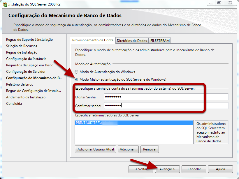 Configuração do Modo de Autenticação e criação da Senha do SA Esse passo é o mais importante de toda a instalação, onde se define o modo de autenticação, e se cria a senha do administrador SA do SQL