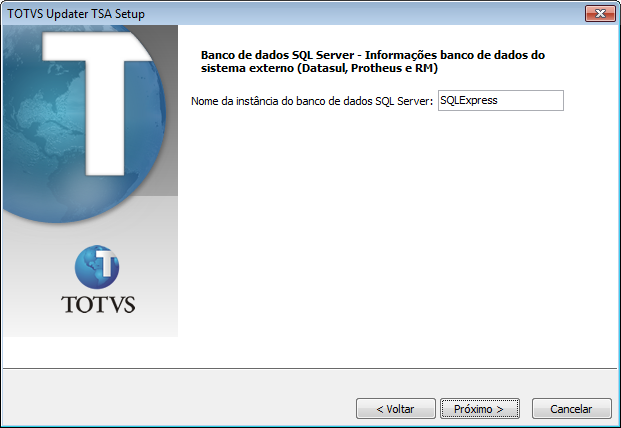 Ao clicar no botão Próximo, é apresentada tela para informar o nome da instância do banco de dados (tela exclusiva para o banco de dados SQL Server).