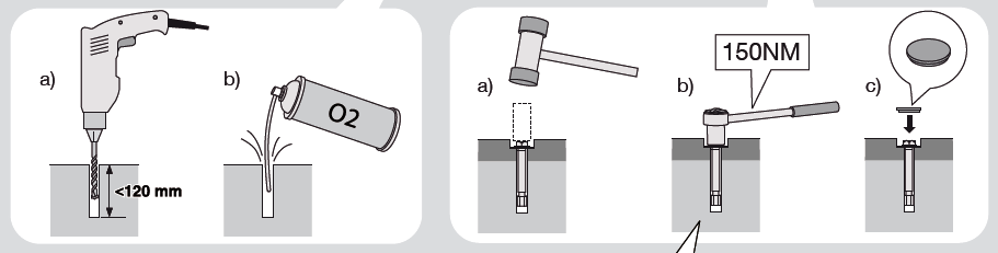 4.2 Fixação do cofre Todos os cofres estão preparados para uma fixação ao pavimento. - Uma bucha de expansão M16 é fornecido com o produto. - Para uma fixação correcta, siga os passos que se seguem.