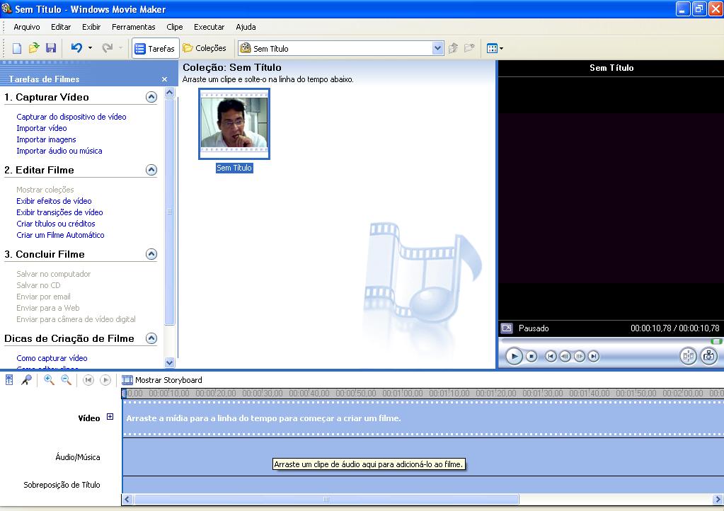 Voltando assim para tela principal do Windows movie maker. Obs.: Quando configuramos o movie.maker uma vez não há necessidade de configurar novamente. Só quando a máquina é reinicializada.