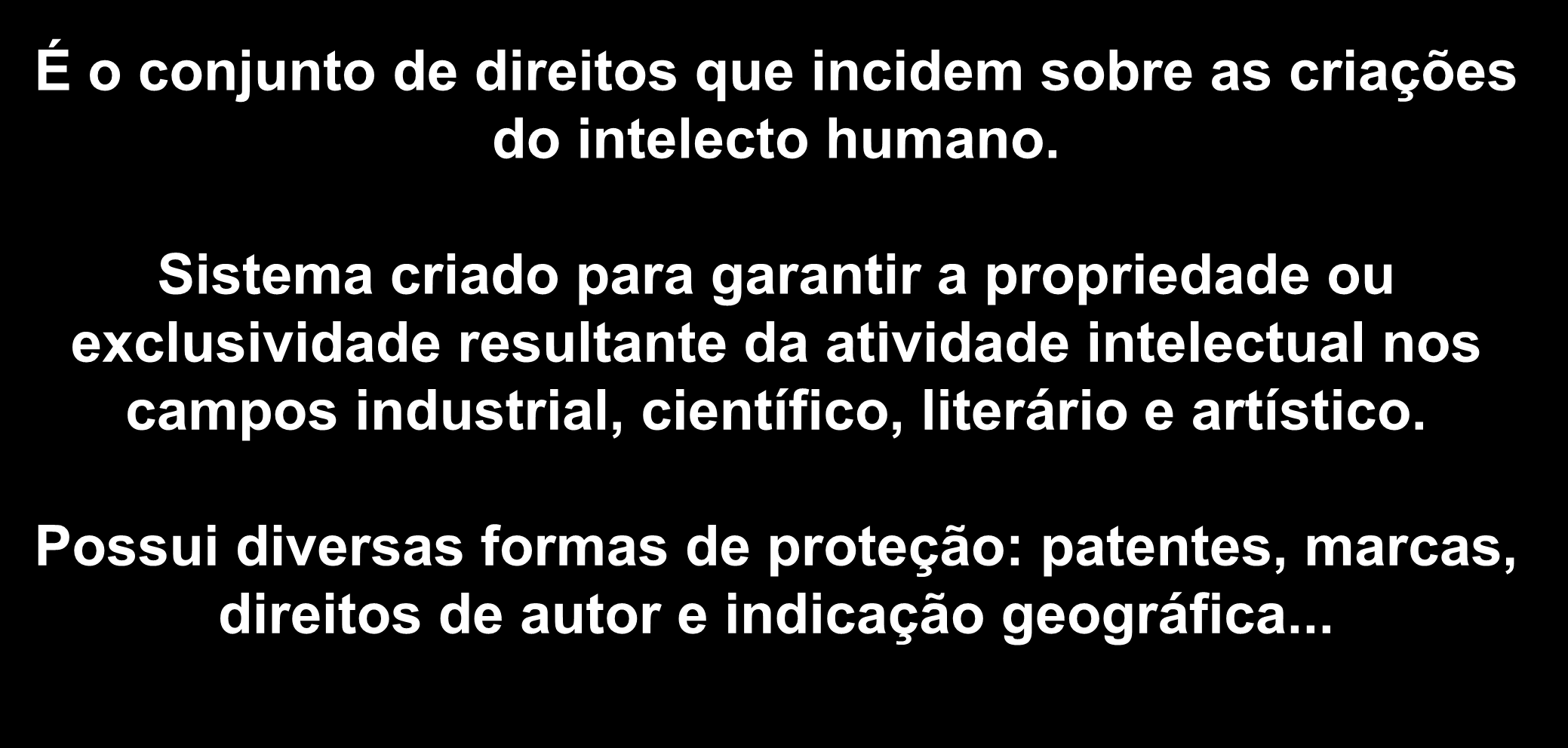 Propriedade Intelectual É o conjunto de direitos que incidem sobre as criações do intelecto humano.