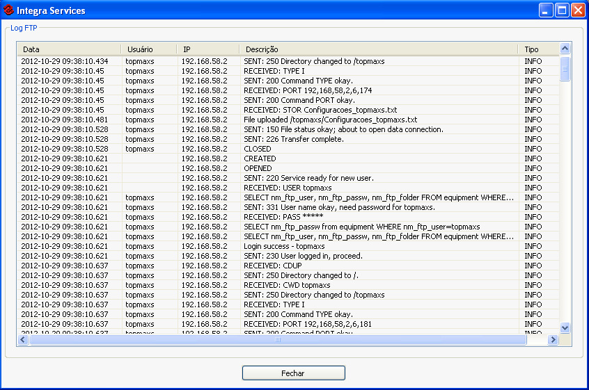 Servidor de FTP no menu superior da tela inicial do Integra