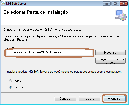Apenas clique em "Avançar>". O local padrão de instalação é C:\Arquivos de programas\pinaculo\mg Soft Server\.
