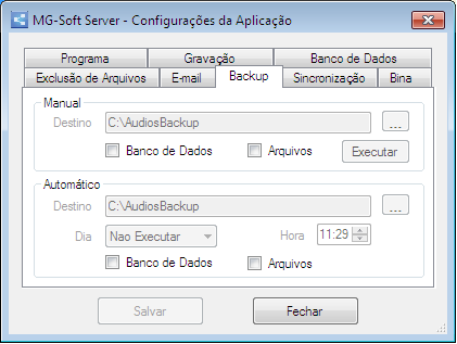 2.6. Backup 2.6.1 Backup Manual: neste caso, o usuário deve selecionar pelo menos uma opção de backup, escolher o destino dos arquivos de áudio e clicar no botão Executar. 2.6.2. Backup Automático: neste caso, o usuário deve selecionar pelo menos uma opção de backup, escolher o destino dos arquivos de áudio e a opção de dia e hora em que a rotina deverá ser executada.