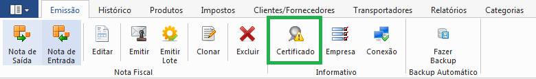 5.6 Certificado Digital Selecione um Cerificado Digital necessário para emissão de Notas Fiscais Eletrônicas, clicando no botão "Certificado".