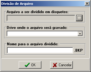 Nela, deverão ser definidos, respectivamente, o arquivo a ser divido, o drive onde se encontra o disquete e o nome que será dado ao arquivo gerado.