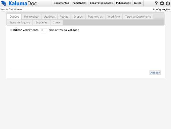 12.1 CONFIGURAR VALIDADE DOS DOCUMENTOS 1. Clique no ícone ; Aparecerá a tela principal com a aba opções aberta onde é feita a configuração dos dias que será avisado do vencimento. 2.