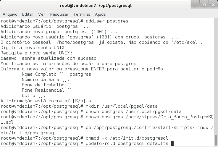 Use o comando update-rc.d para colocar o PostgreSQL na inicialização do Debian. # update-rc.