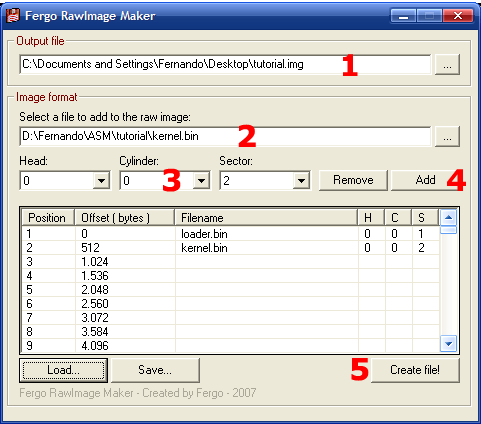 11 7. GRAVANDO E TESTANDO Com os binários do Loader e do Kernel em mãos, vamos criar uma imagem para ser gravada no disquete. Vamos usar uma ferramenta que eu programei, chamada Fergo RawImage Maker.