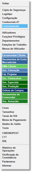 Menu ADMIN No menu Admin são apresentadas um conjunto de opções onde poderá definir e configurar diversos parâmetros da aplicação.