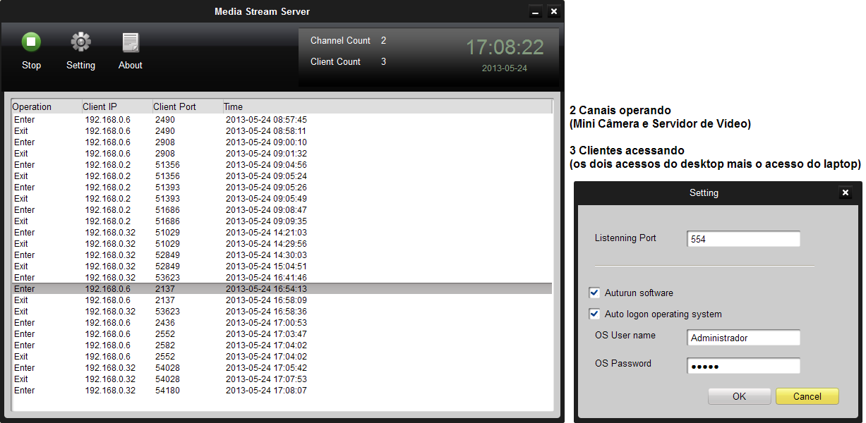 Monitoramento do Servidor de Streaming Na tela Media Stream Server, será possível visualizar o Contador de Canal ( Channel Count ) e o Contador de Cliente ( Client Count ).
