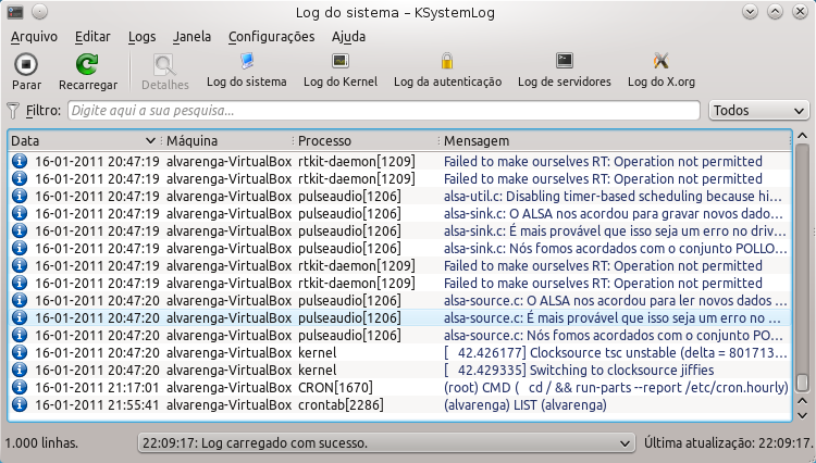 Capítulo 1 Usando o KSystemLog 1.1 Introdução 1.1.1 O que é KSystemLog? O KSystemLog é uma ferramenta de visualização de registros do sistema.