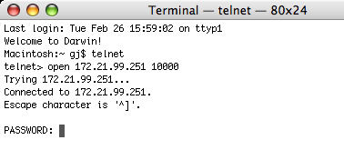 .. no menu Start do computador. Insira telnet na área de texto Open na janela visualizada e faça clique no botão OK. (Por exemplo, no caso de utilizar a aplicação telnet do Mac OS X v 10.4) 1.