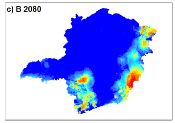 Capítulo 4 Os impactos Chapitre 9 Figura 71 - Distribuição atual da espécie (no alto) e projeções de distribuição espacial no horizonte de 2080 para os cenários A2 e B2 (Fonte: Efeitos das mudanças