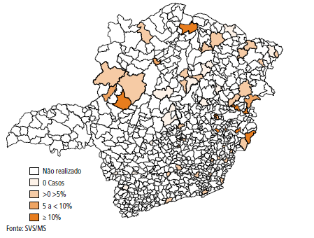 Capítulo 1 O Estado de Minas Gerais Figura 38 - Prevalência do Tracoma por município - Inquérito Nacional de Prevalência Brasil-Minas Gerais 2006 (Fonte: Sistema Nacional de Vigilância em Saúde, op.