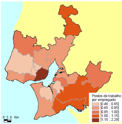 Emprego Área Metropolitana de Lisboa Índice de polarização de emprego, 2001 Lisboa, tem cerca de 50% dos postos de trabalho da AML (500mil), sendo que no sector terciário atinge aproximadamente 80%