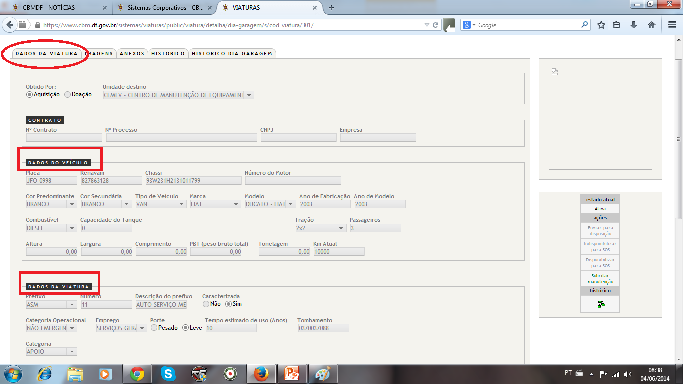ABA DADOS DA VIATURA : DESCREVE