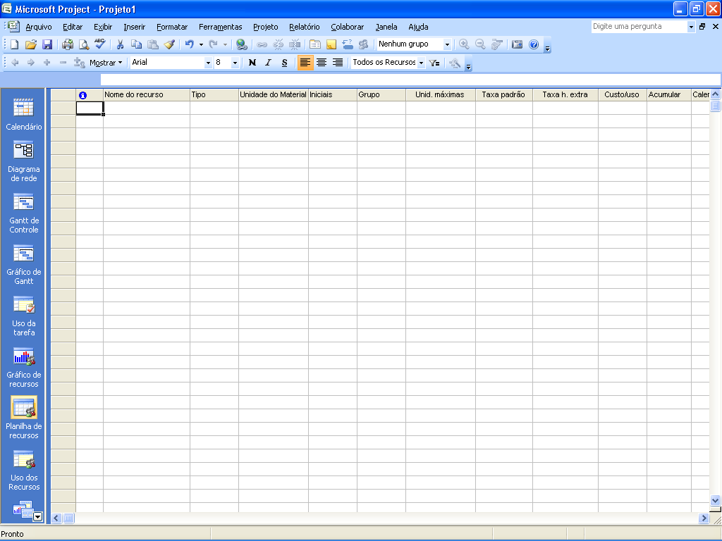 2.2.2. A Planilha de Recursos: O modo de exibição Planilha de Recursos exibe as informações sobre cada recurso do Projeto.