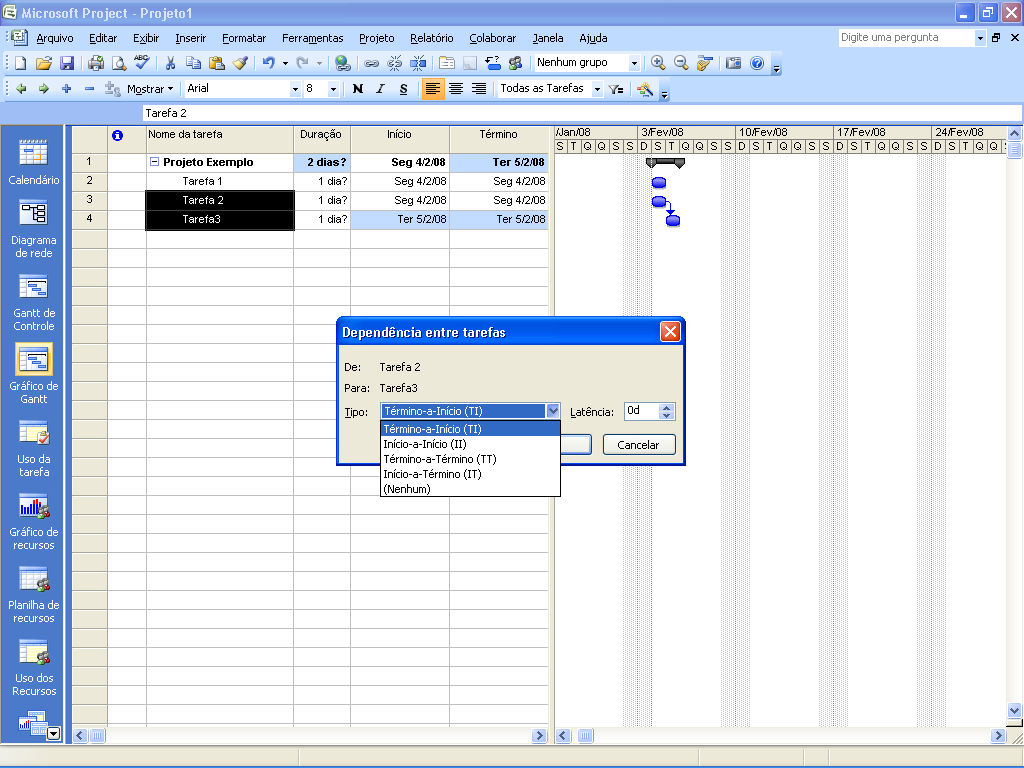 3.2.8.5. Alterando os Vínculos entre Tarefas: Há quatro tipos de dependência entre tarefas: término-a-início (TI), início-a-início (II), término-a-término (TT) e início-a-término (IT).