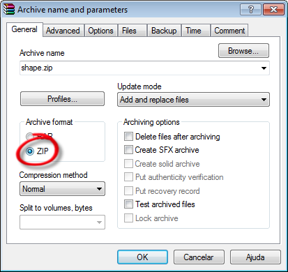 Marque a opção [ZIP], conforme ilustrado, e clique em [OK].
