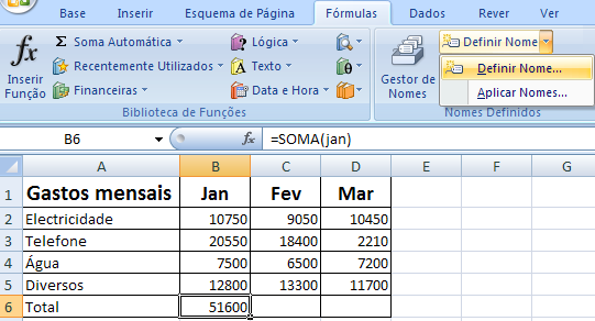 Referências por Nomes Uma outra possibilidade de fazer referências a cálculos ou blocos de células é a atribuição prévia de nomes a essas células.