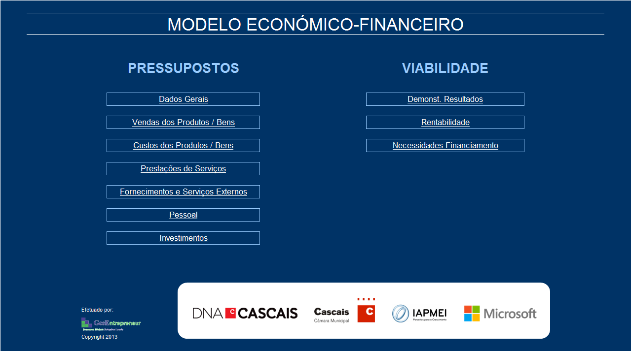 A. HIPERLIGAÇÕES A primeira folha do ficheiro mostra o resumo da Matriz Financeira.