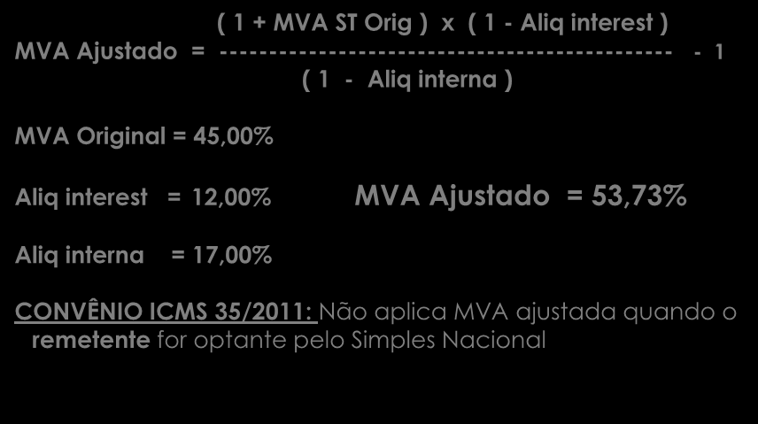 ( 1 + MVA ST Orig ) x ( 1 - Aliq interest ) MVA Ajustado = ---------------------------------------------- - 1 ( 1 - Aliq interna ) MVA Original = 45,00% Aliq