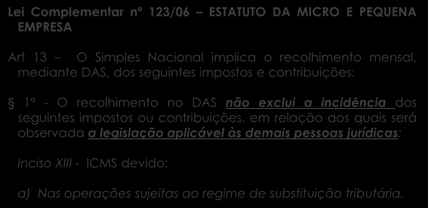 Lei Complementar nº 123/06 ESTATUTO DA MICRO E PEQUENA EMPRESA Art 13 O Simples Nacional implica o recolhimento mensal, mediante DAS, dos seguintes impostos e contribuições: 1º - O recolhimento no