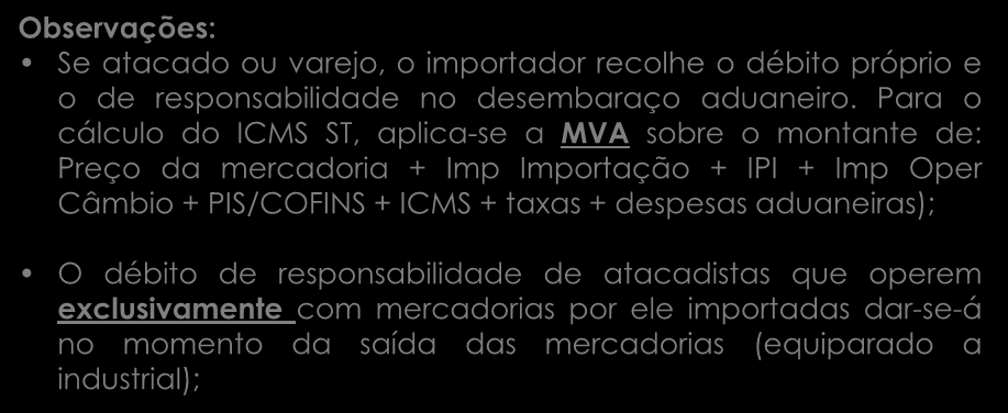 IMPORTAÇÃO ATACADO OU VAREJO NO ESTADO = SUBSTITUTO Observações: Se atacado ou varejo, o importador recolhe o débito próprio e o de responsabilidade no desembaraço aduaneiro.