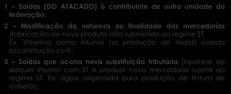 Pelo SUBSTITUÍDO, do imposto pago em operações anteriores: 1 Saídas (DO ATACADO) à contribuinte de outra unidade da federação; 2 Modificação da natureza ou finalidade das mercadorias (fabricação de