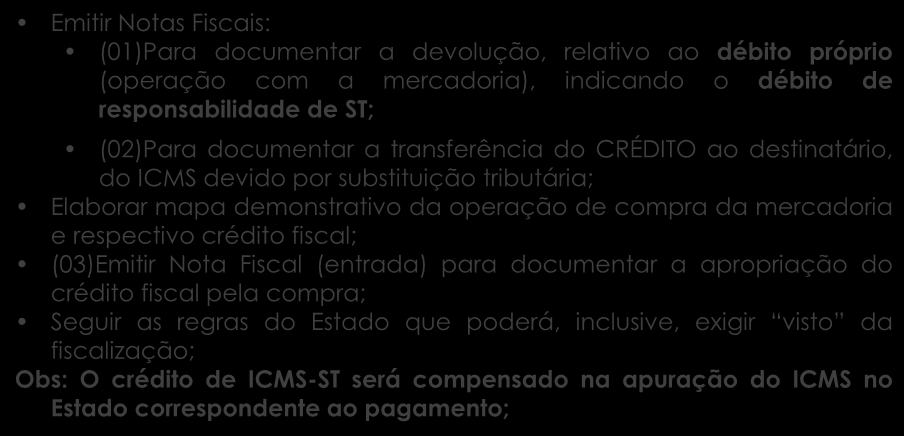 Nas DEVOLUÇÕES de mercadorias para o substituto, deverá: Emitir Notas Fiscais: (01)Para documentar a devolução, relativo ao débito próprio (operação com a mercadoria), indicando o débito de