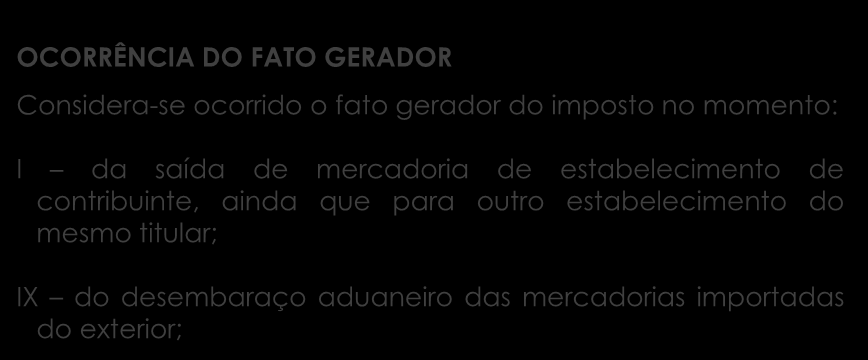 OCORRÊNCIA DO FATO GERADOR Considera-se ocorrido o fato gerador do imposto no momento: I da saída de mercadoria de estabelecimento de