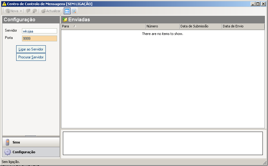 Configuração da ligação ao servidor Inicialmente será necessário, em cada aplicação, configurar a ligação do centro de controlo ao servidor de SMS.