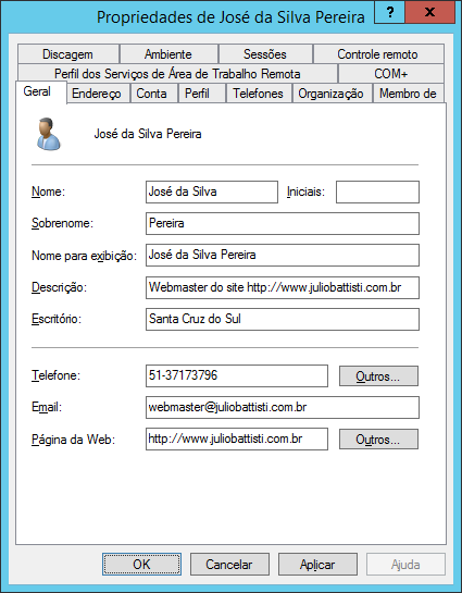 7. Observe que estão disponíveis uma série de guias, com diversas propriedades em cada guia. Após ter configurado as propriedades da conta, clique em OK.