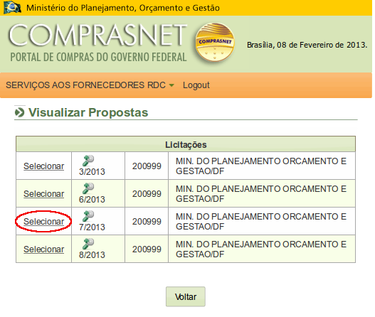 O sistema exibirá tela com a relação das licitações disponíveis para visualização de propostas.